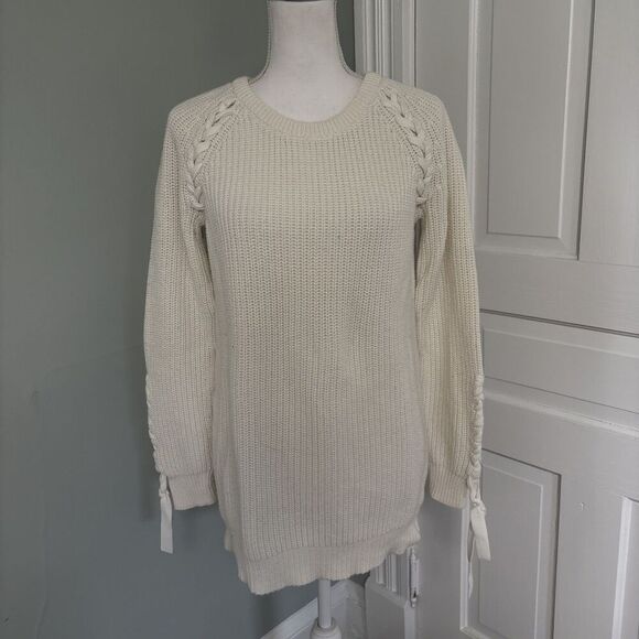 Motherhood Maternity Sweater Medium Ivory Lace-Up Pullover Knit Soft Fisherman - Picture 1 of 4